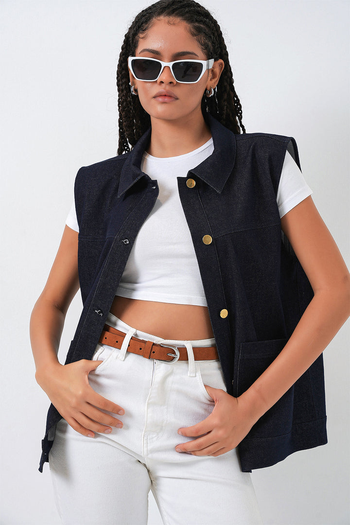 BGD Women Kadın Oversize Çift Cepli Kot Yelek 6810 - Koyu Mavi - Erkrath