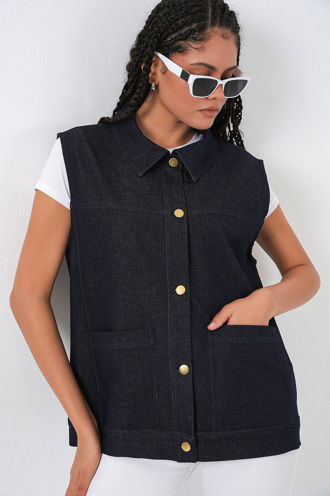 BGD Women Kadın Oversize Çift Cepli Kot Yelek 6810 - Koyu Mavi - Erkrath