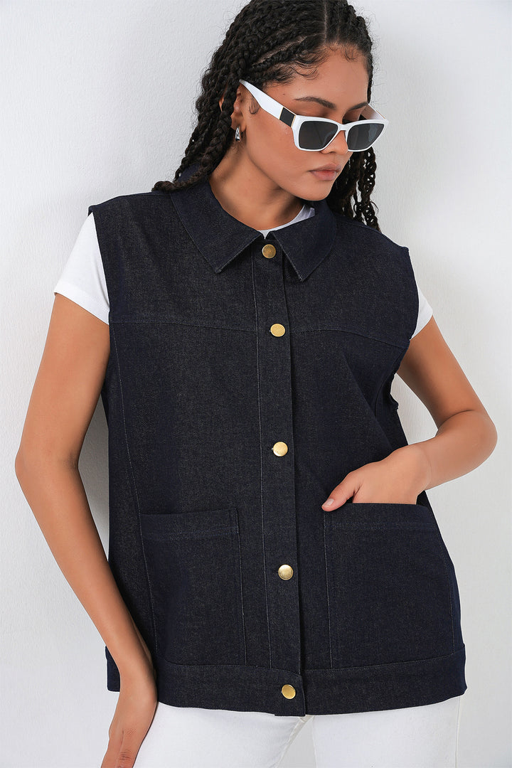 BGD Women Kadın Oversize Çift Cepli Kot Yelek 6810 - Koyu Mavi - Erkrath