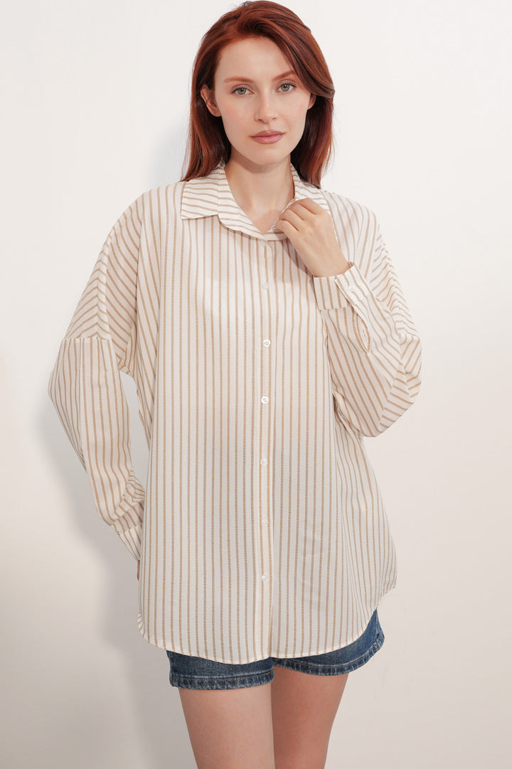 BGD Women Kadın Oversize Çizgili Gömlek 20412 - Kahverengi - Portugalete