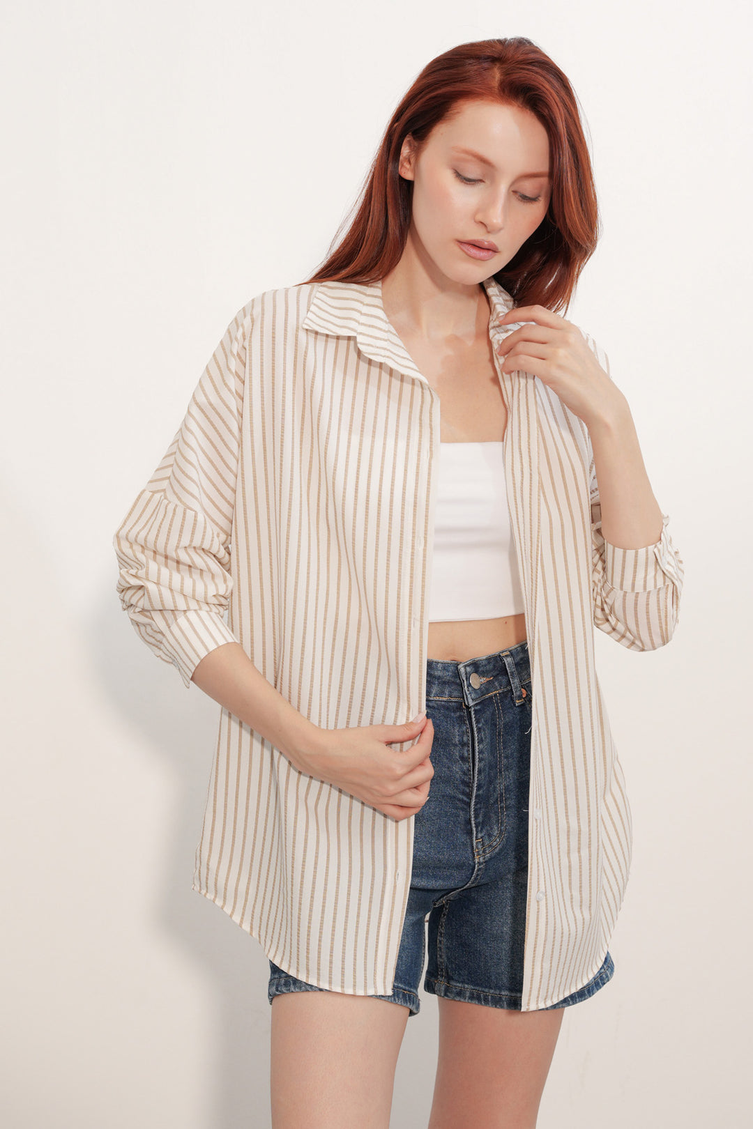 BGD Women Kadın Oversize Çizgili Gömlek 20412 - Kahverengi - Portugalete