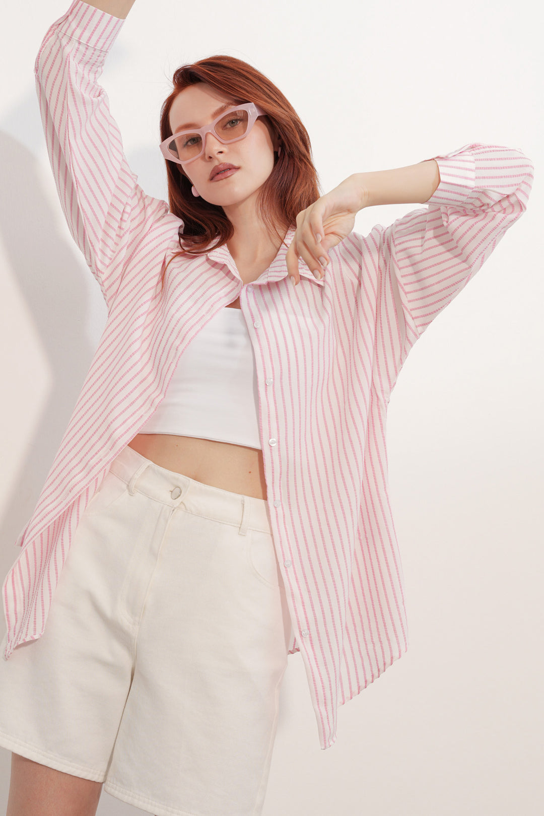 BGD Women Kadın Oversize Çizgili Gömlek 20412 - Pembe - Leander