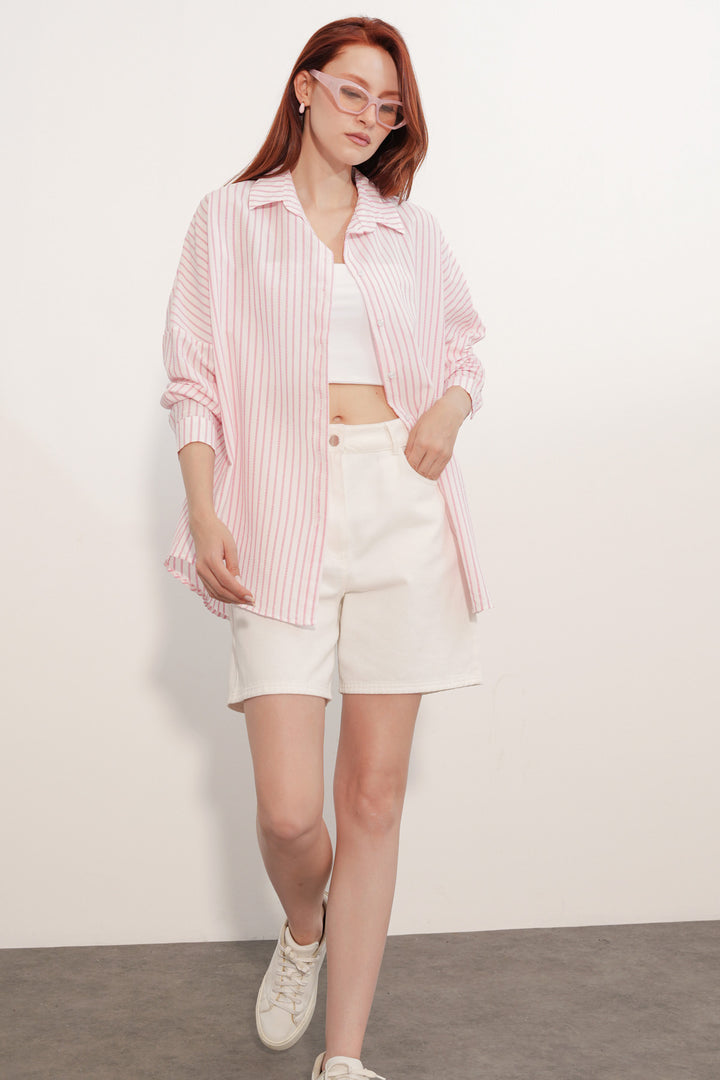 BGD Women Kadın Oversize Çizgili Gömlek 20412 - Pembe - Leander