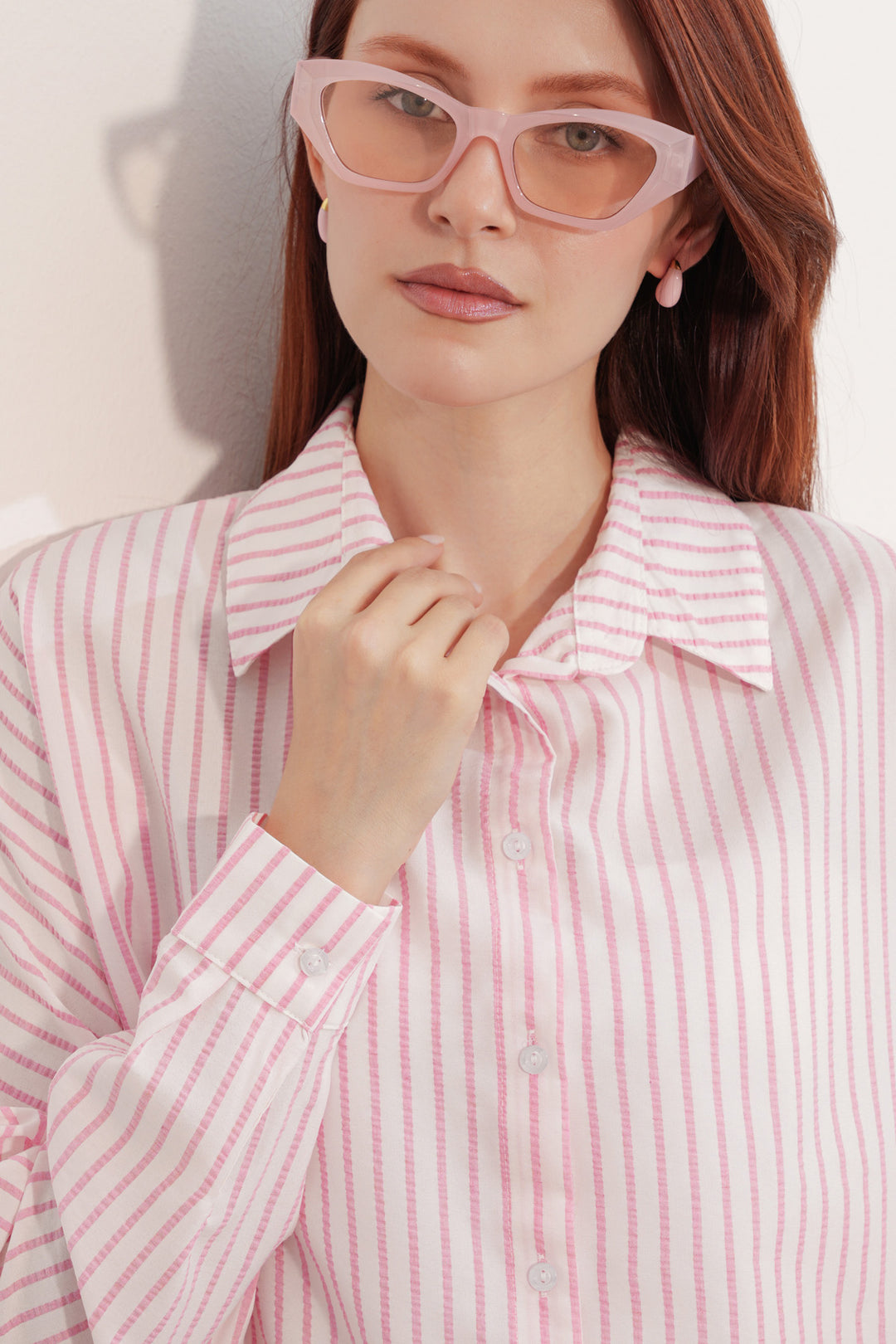 BGD Women Kadın Oversize Çizgili Gömlek 20412 - Pembe - Leander