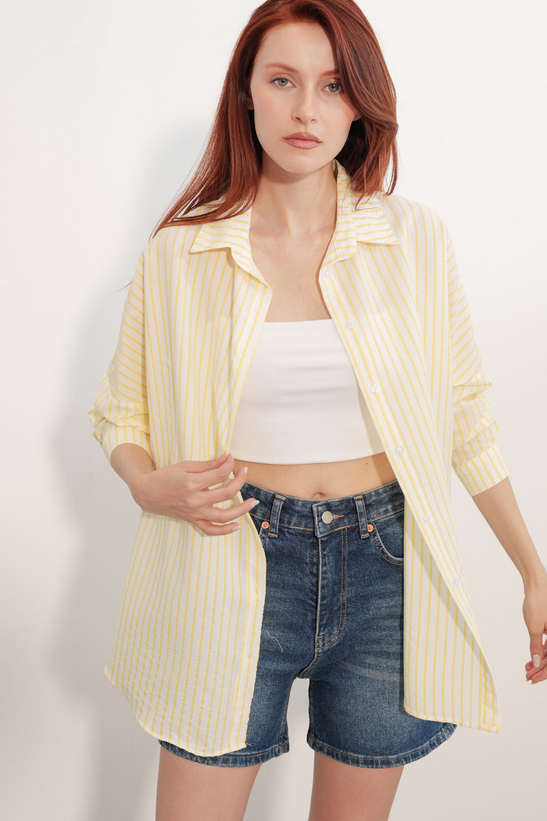 BGD Women Kadın Oversize Çizgili Gömlek 20412 - Sarı - Perote