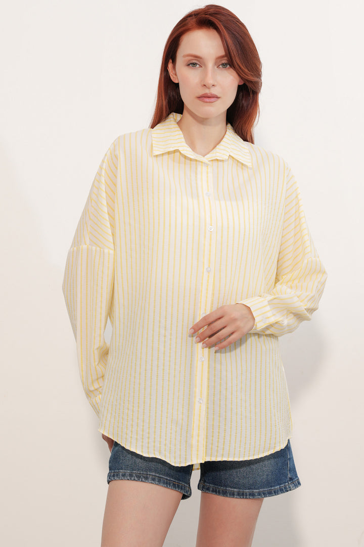 BGD Women Kadın Oversize Çizgili Gömlek 20412 - Sarı - Perote