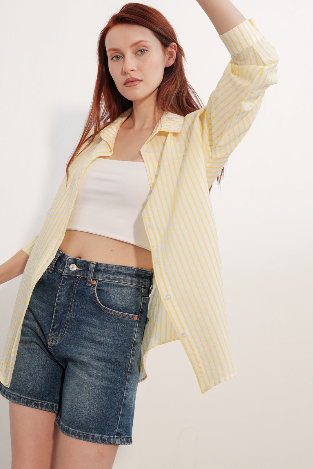 BGD Women Kadın Oversize Çizgili Gömlek 20412 - Sarı - Perote