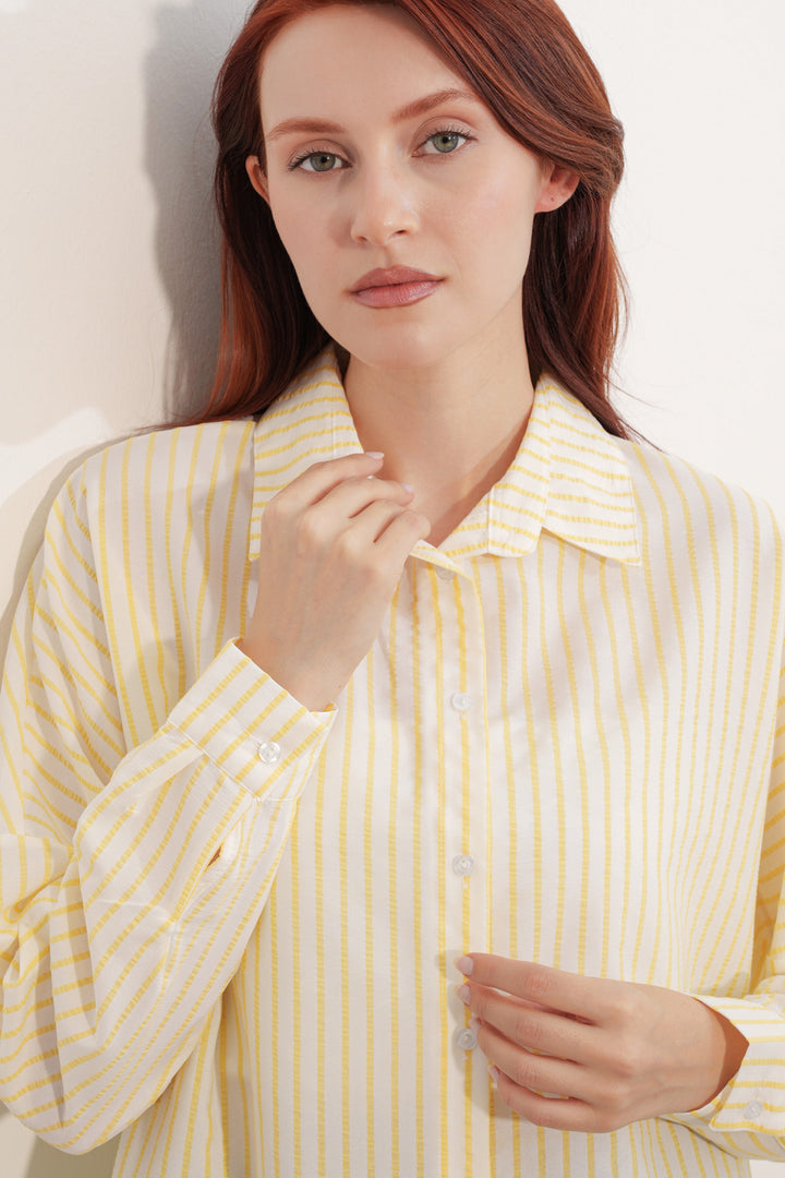 BGD Women Kadın Oversize Çizgili Gömlek 20412 - Sarı - Perote