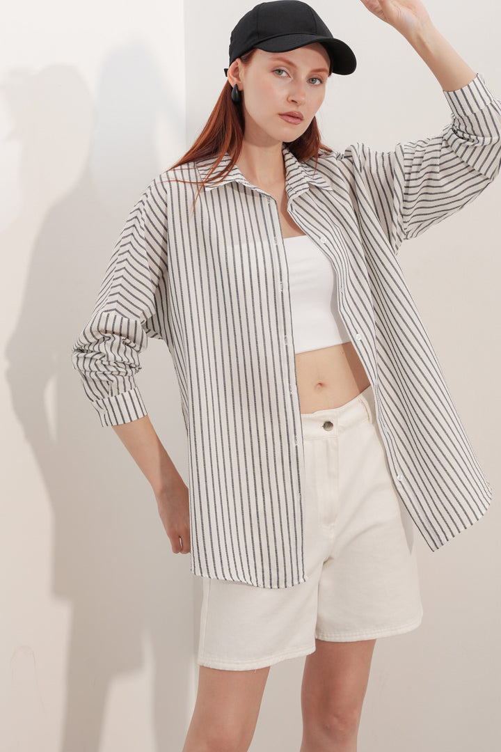 BGD Women Kadın Oversize Çizgili Gömlek 20412 - Siyah - Cascais