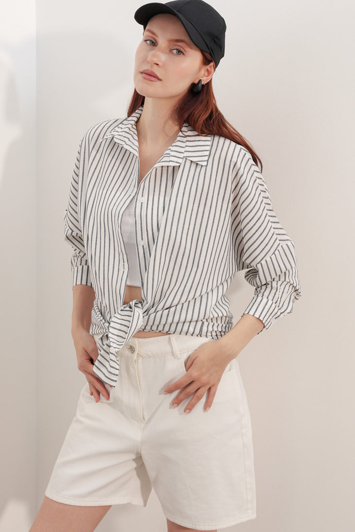 BGD Women Kadın Oversize Çizgili Gömlek 20412 - Siyah - Cascais