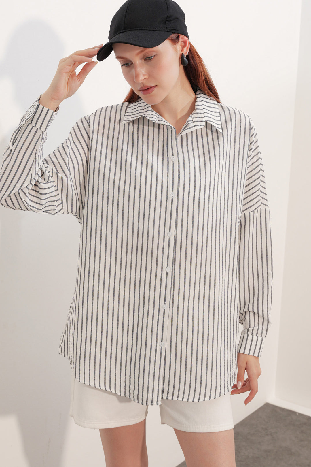 BGD Women Kadın Oversize Çizgili Gömlek 20412 - Siyah - Cascais