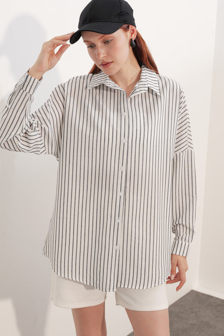 BGD Women Kadın Oversize Çizgili Gömlek 20412 - Siyah - Cascais