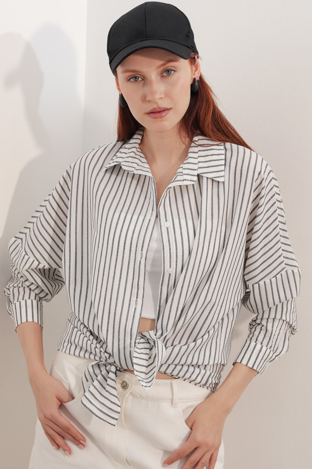 BGD Women Kadın Oversize Çizgili Gömlek 20412 - Siyah - Cascais