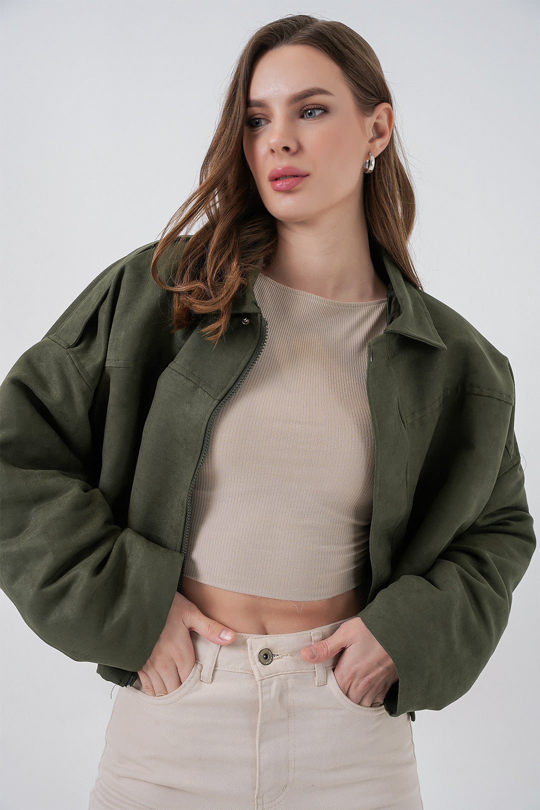 BGD Women Kadın Oversize Süet Ceket 1055 - A.Haki - Molfetta