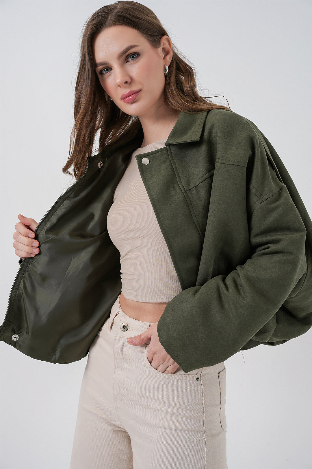 BGD Women Kadın Oversize Süet Ceket 1055 - A.Haki - Molfetta