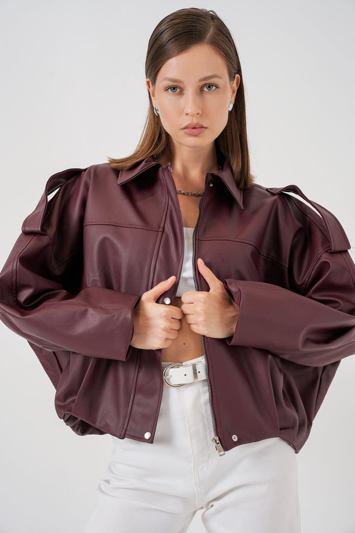 BGD Women Women's Oversize Leather Jacket 1055 - Burgundy - Rockwall