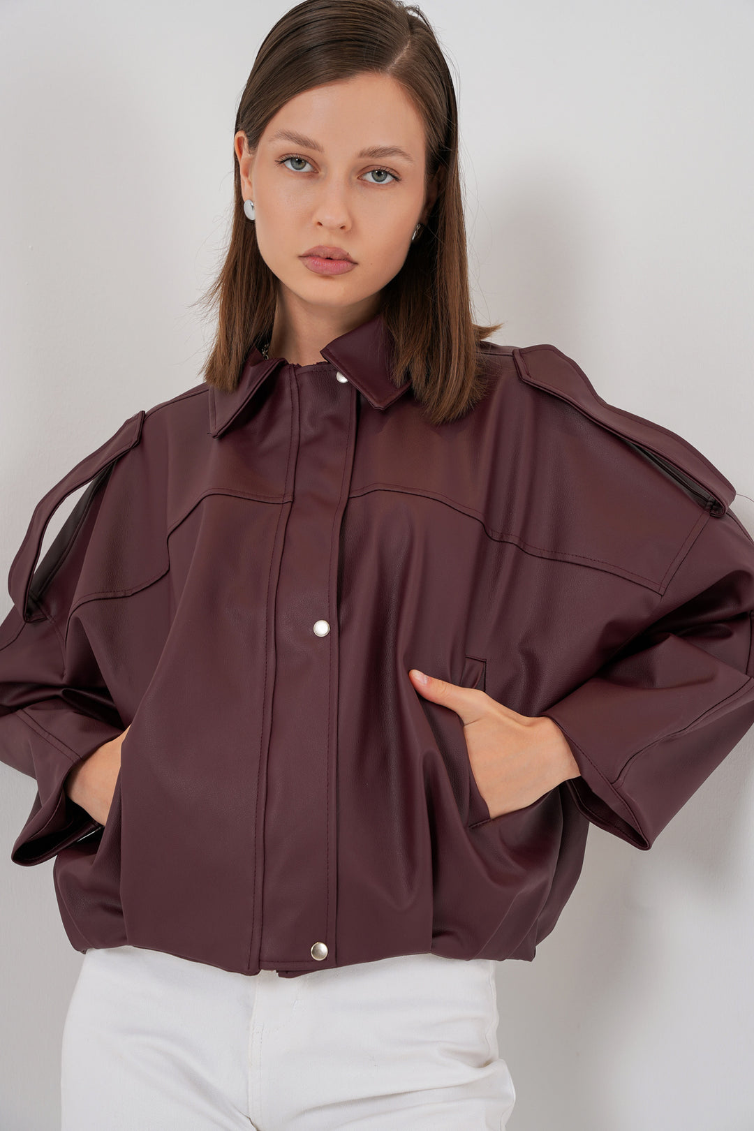 BGD Women Women's Oversize Leather Jacket 1055 - Burgundy - Rockwall