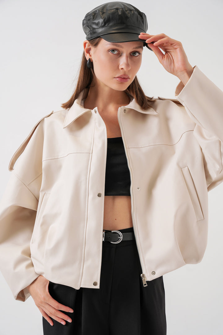 BGD Women Women's Oversize Leather Jacket 1055 - Ecru - Richland