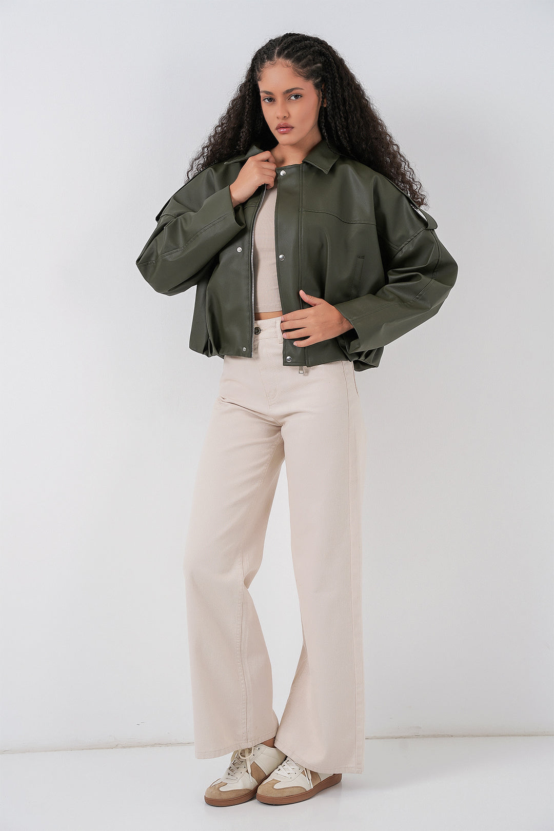 BGD Women Kadın Oversize Deri Ceket 1055 - Haki - Luhansk