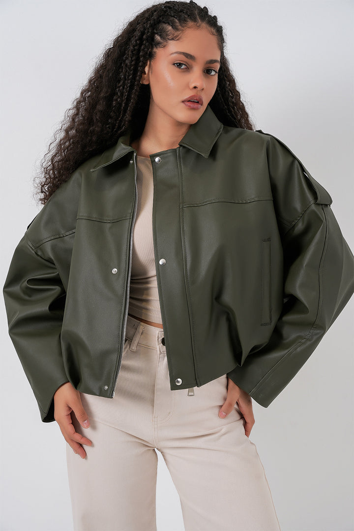 BGD Women Kadın Oversize Deri Ceket 1055 - Haki - Luhansk