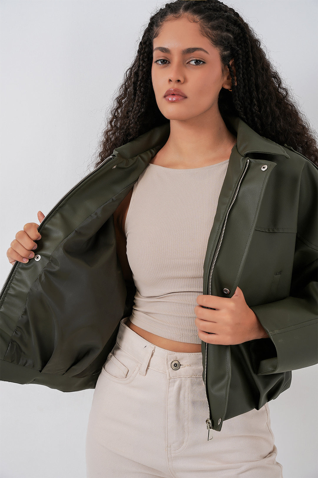 BGD Women Kadın Oversize Deri Ceket 1055 - Haki - Luhansk