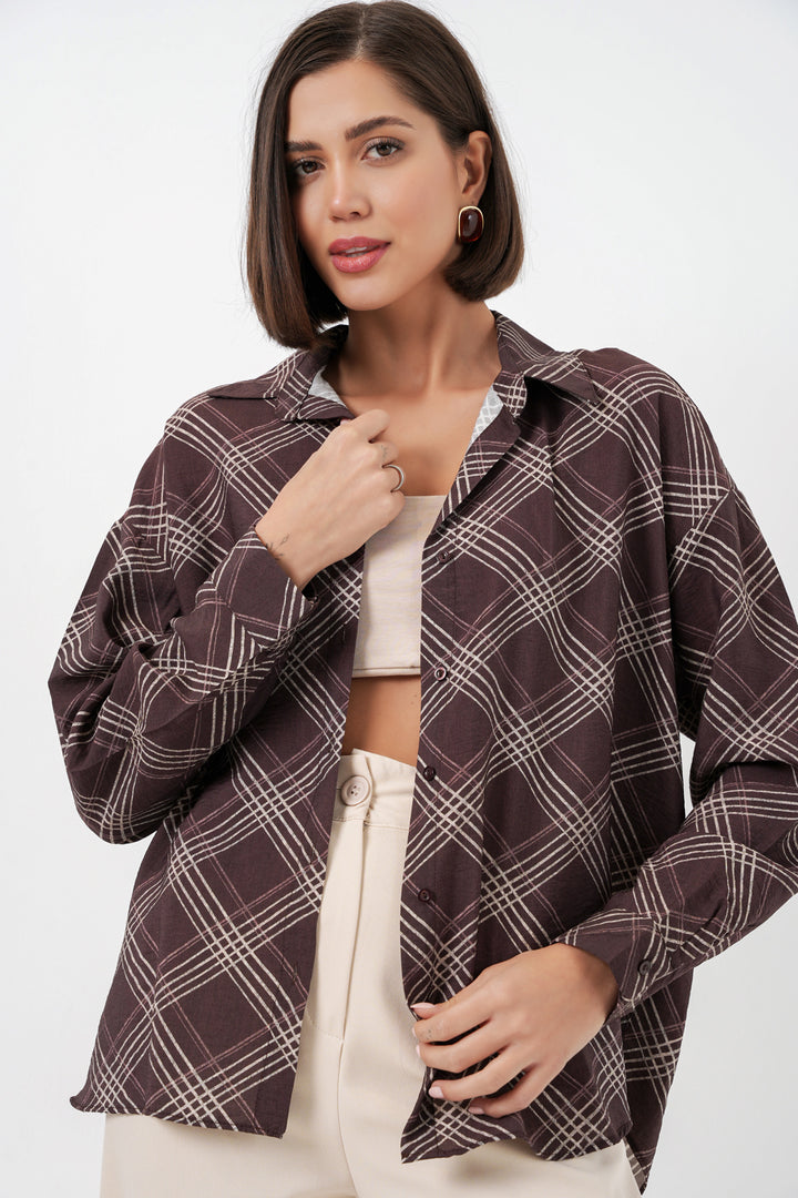 BGD Women Kadın Oversize Desenli Gömlek 20372 - Kahverengi - Morden