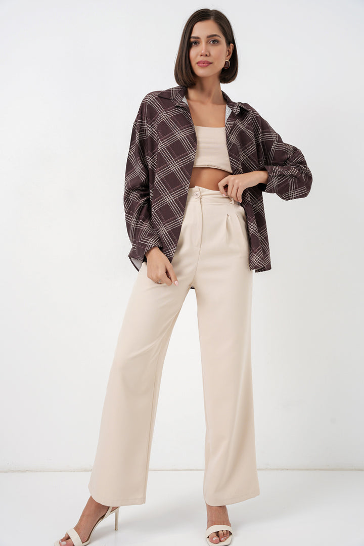 BGD Women Kadın Oversize Desenli Gömlek 20372 - Kahverengi - Morden