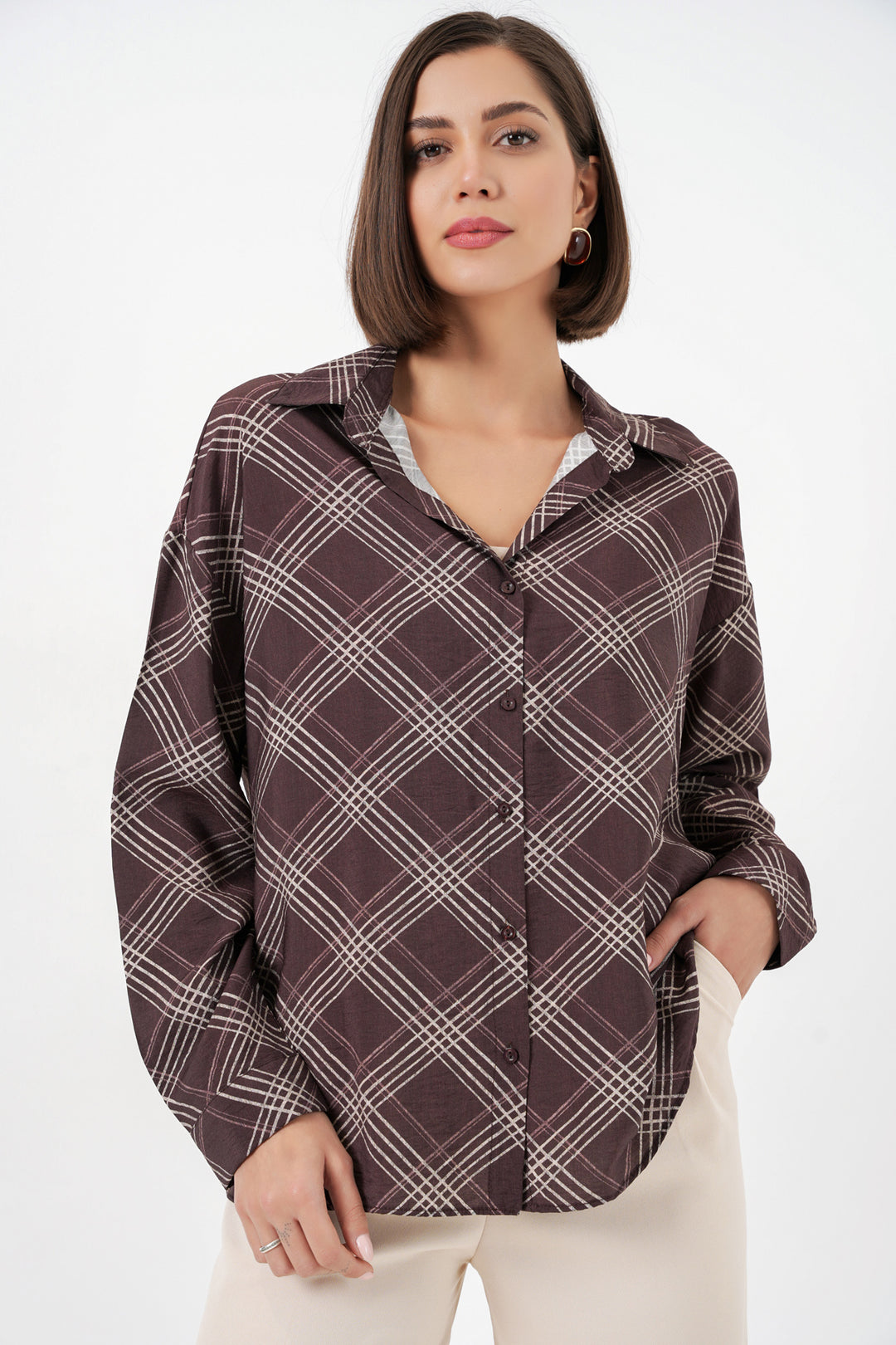 BGD Women Kadın Oversize Desenli Gömlek 20372 - Kahverengi - Morden