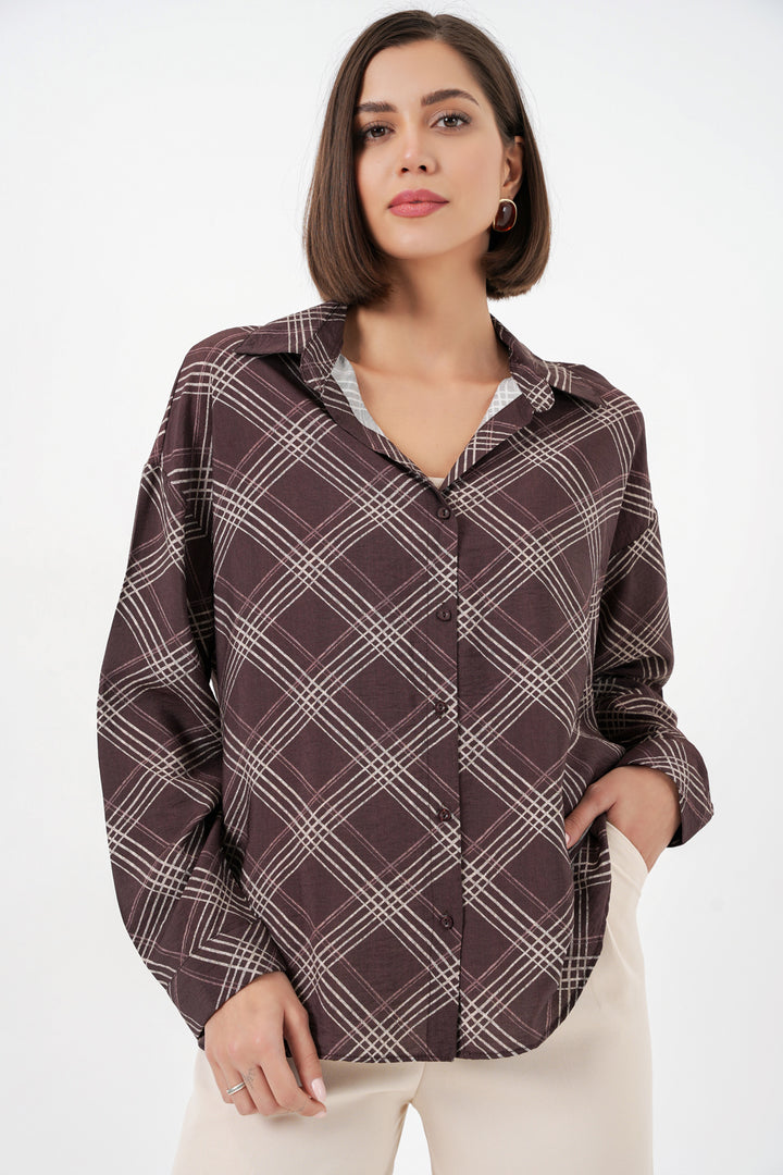 BGD Women Kadın Oversize Desenli Gömlek 20372 - Kahverengi - Morden