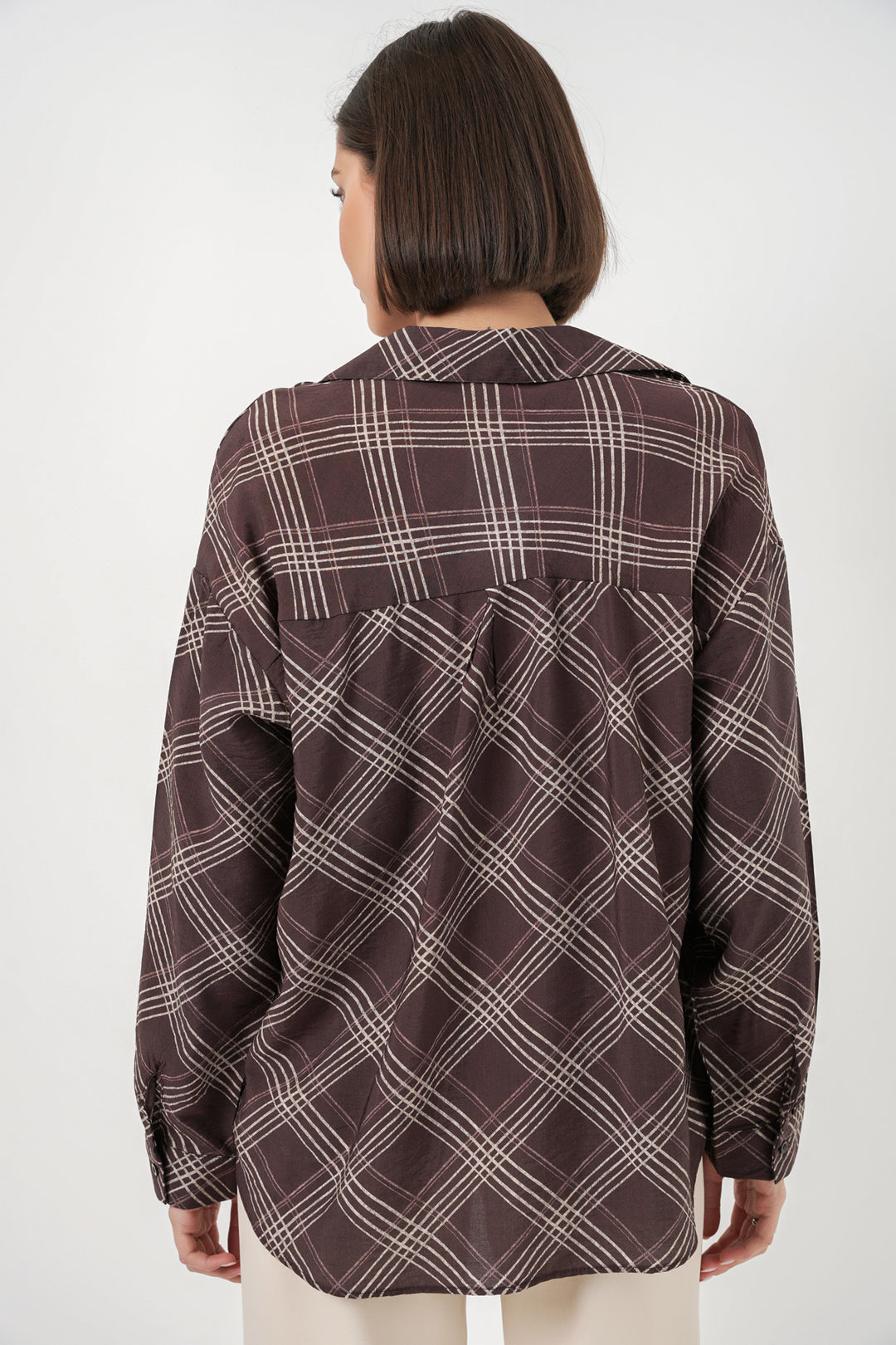 BGD Women Kadın Oversize Desenli Gömlek 20372 - Kahverengi - Morden