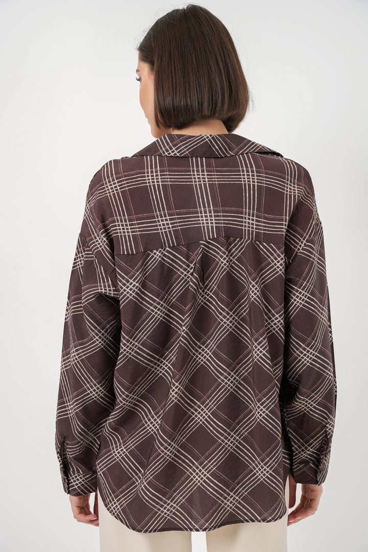 BGD Women Kadın Oversize Desenli Gömlek 20372 - Kahverengi - Morden