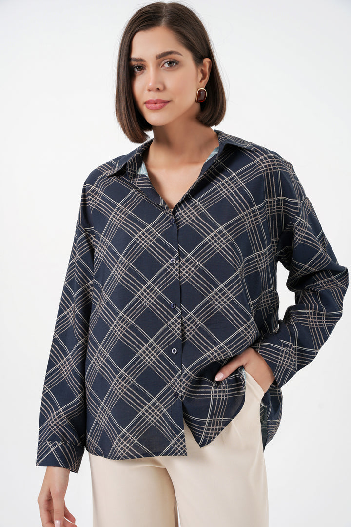 BGD Women Kadın Oversize Desenli Gömlek 20372 - Lacivert - Zhovti Vody