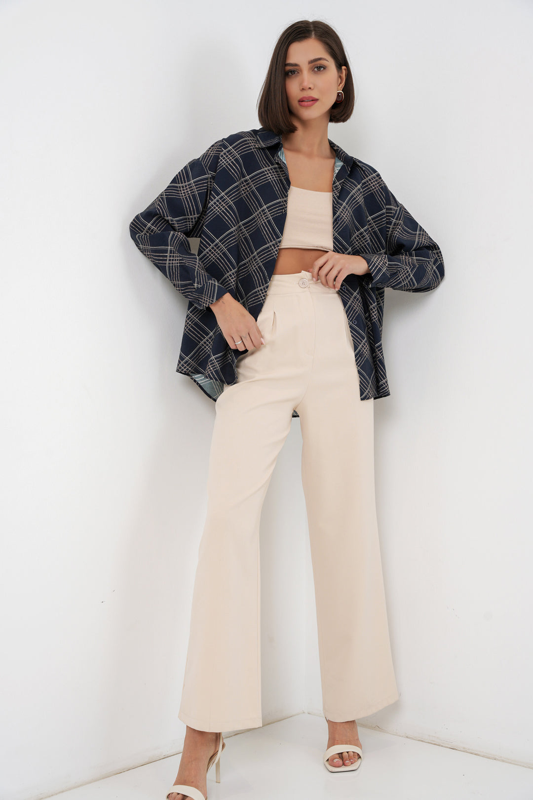 BGD Women Kadın Oversize Desenli Gömlek 20372 - Lacivert - Zhovti Vody