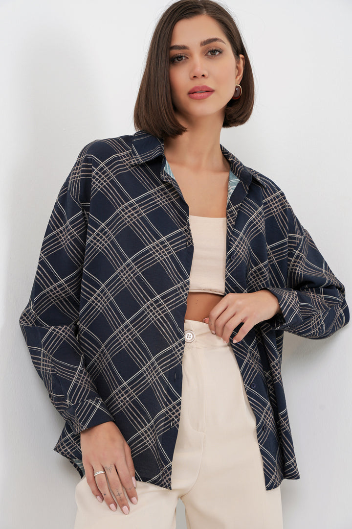 BGD Women Kadın Oversize Desenli Gömlek 20372 - Lacivert - Zhovti Vody