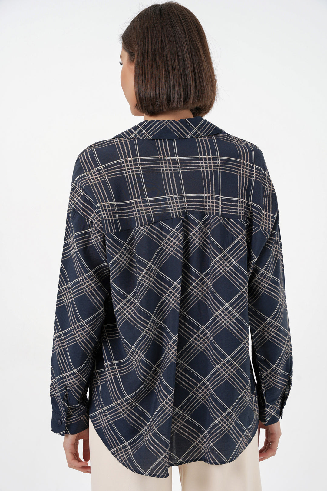 BGD Women Kadın Oversize Desenli Gömlek 20372 - Lacivert - Zhovti Vody