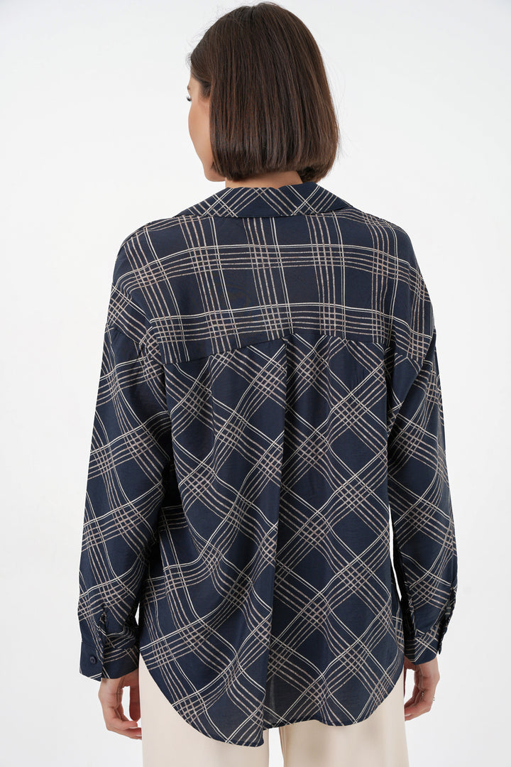 BGD Women Kadın Oversize Desenli Gömlek 20372 - Lacivert - Zhovti Vody
