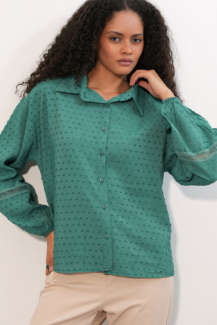 BGD Women Kadın Oversize Desenli Gömlek 20379 - Zümrüt Yeşili - McKinney
