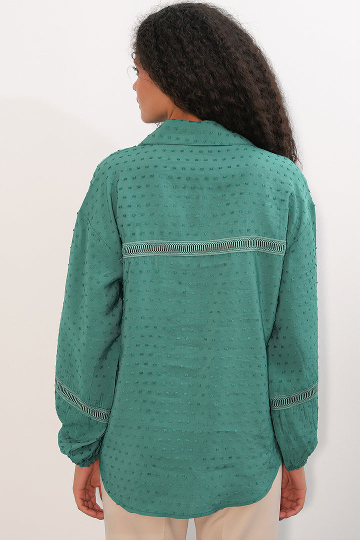 BGD Women Kadın Oversize Desenli Gömlek 20379 - Zümrüt Yeşili - McKinney