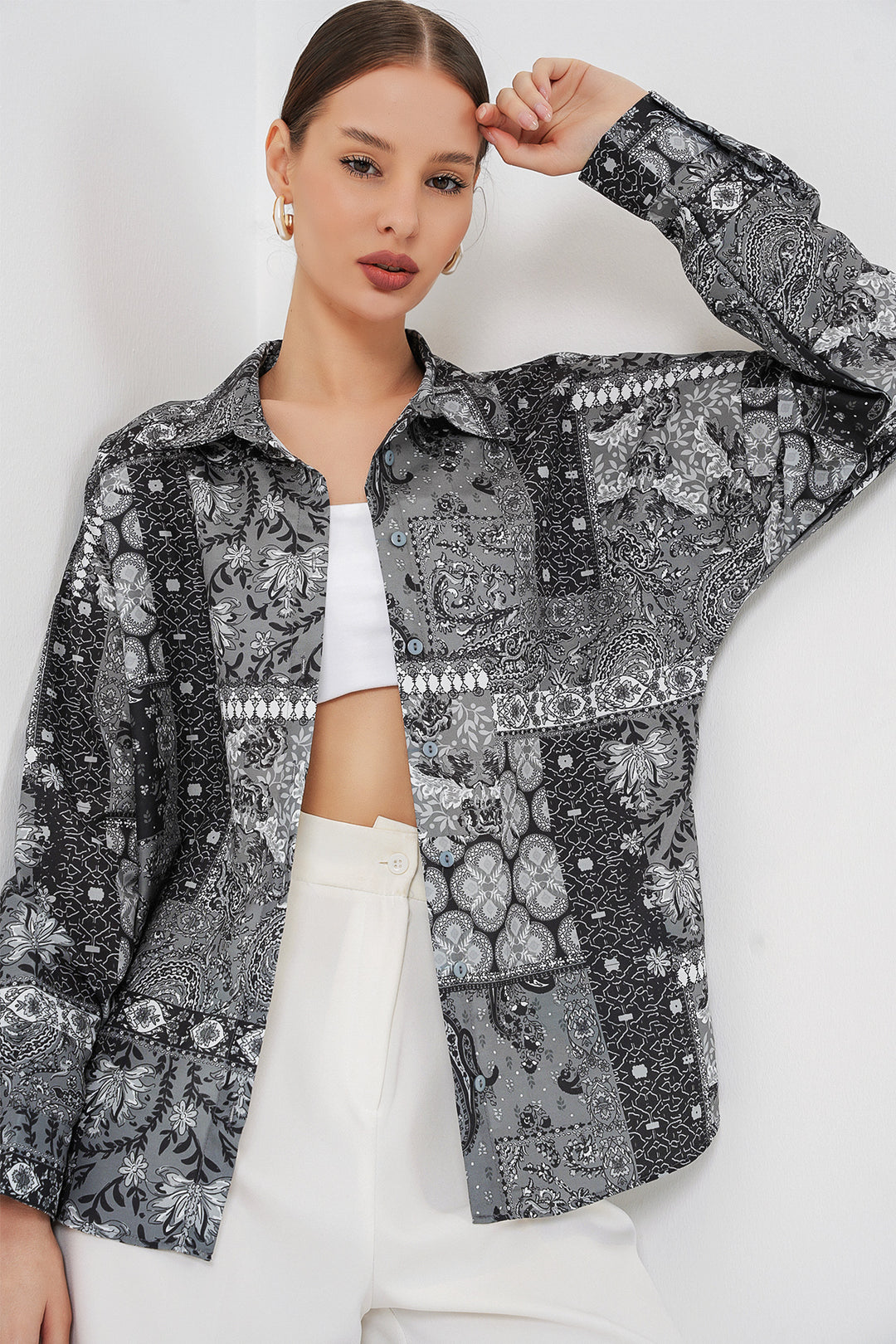 BGD Women Kadın Oversize Desenli Saten Gömlek 20365 - Antrasit - Cologne