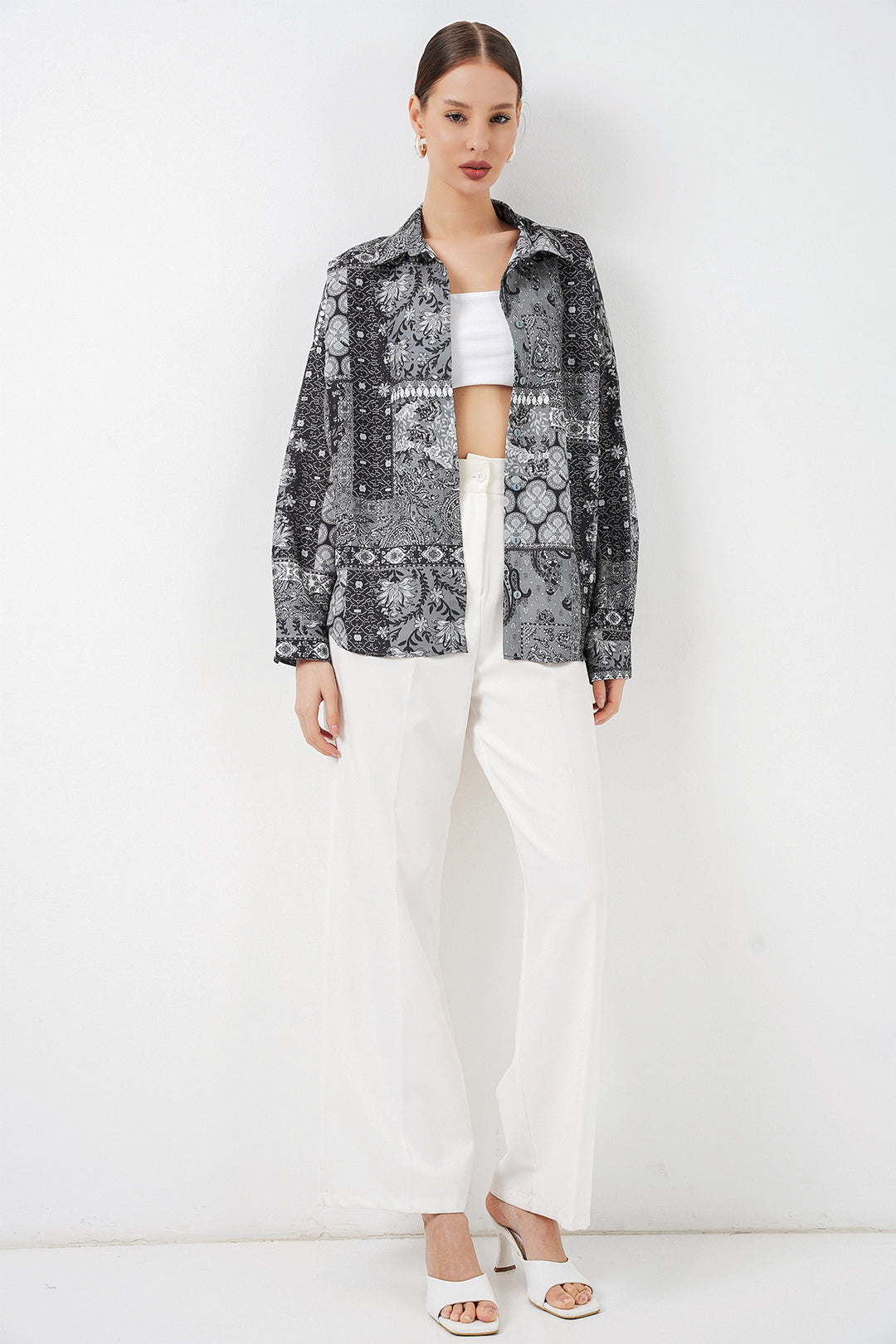 BGD Women Kadın Oversize Desenli Saten Gömlek 20365 - Antrasit - Cologne