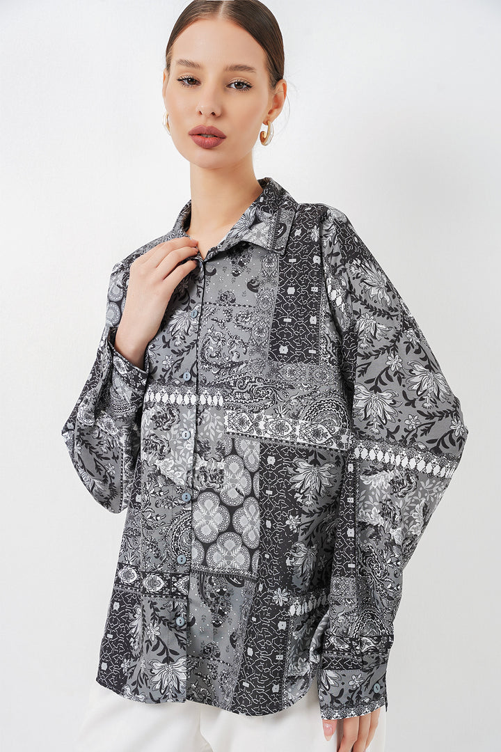 BGD Women Kadın Oversize Desenli Saten Gömlek 20365 - Antrasit - Cologne