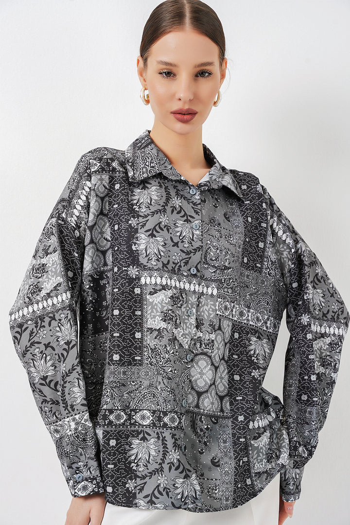 BGD Women Kadın Oversize Desenli Saten Gömlek 20365 - Antrasit - Cologne