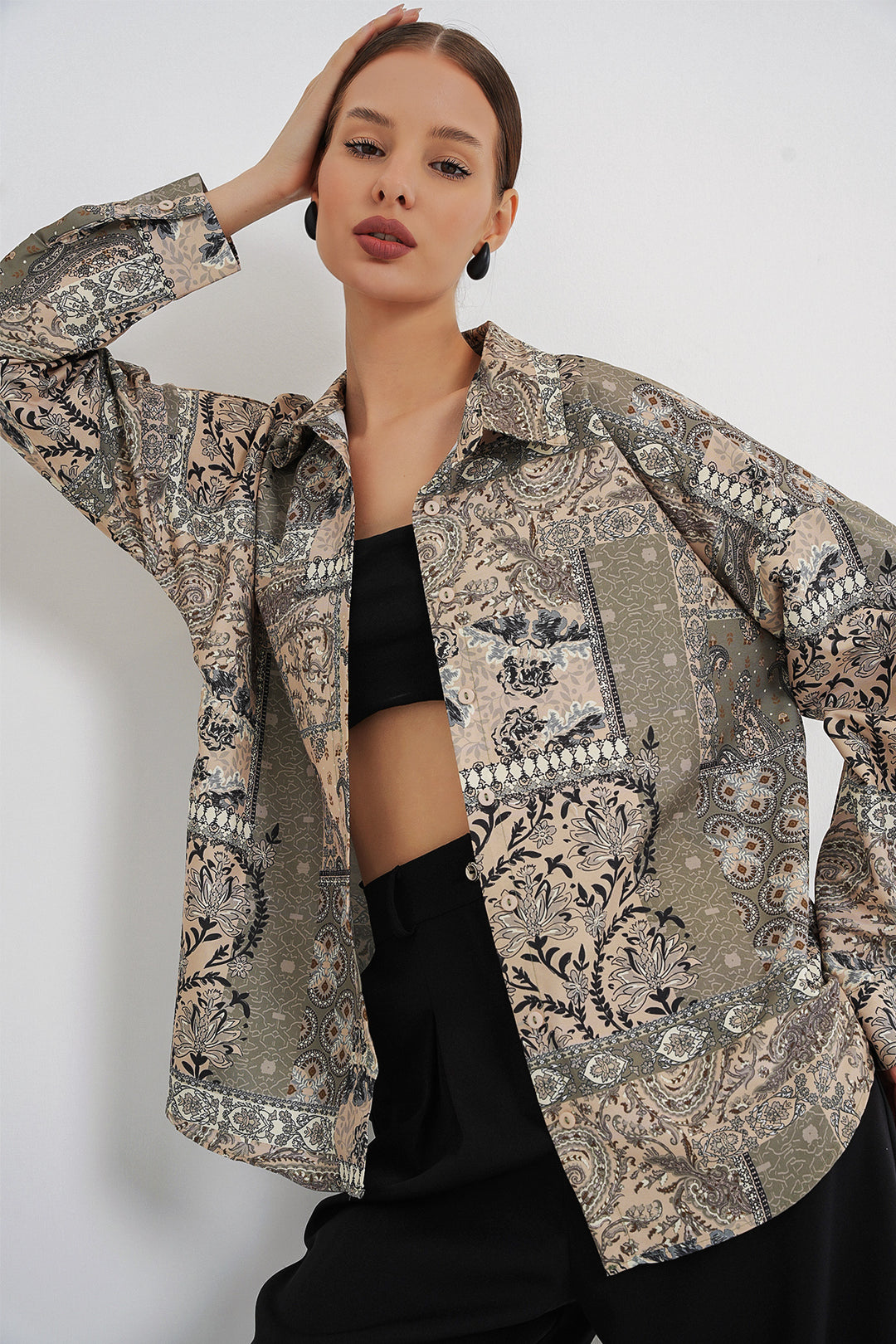 BGD Women Kadın Oversize Desenli Saten Gömlek 20365 - Çağla - Philadelphia