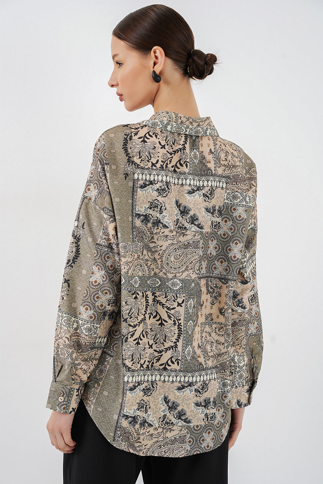BGD Women Kadın Oversize Desenli Saten Gömlek 20365 - Çağla - Philadelphia