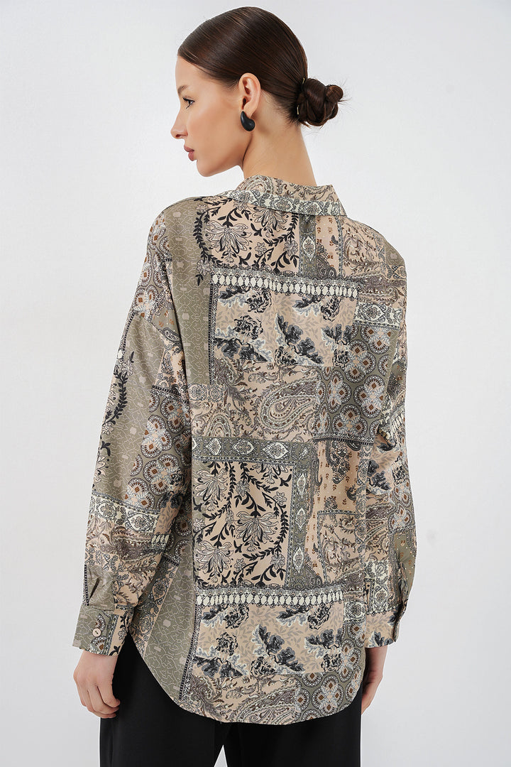 BGD Women Kadın Oversize Desenli Saten Gömlek 20365 - Çağla - Philadelphia