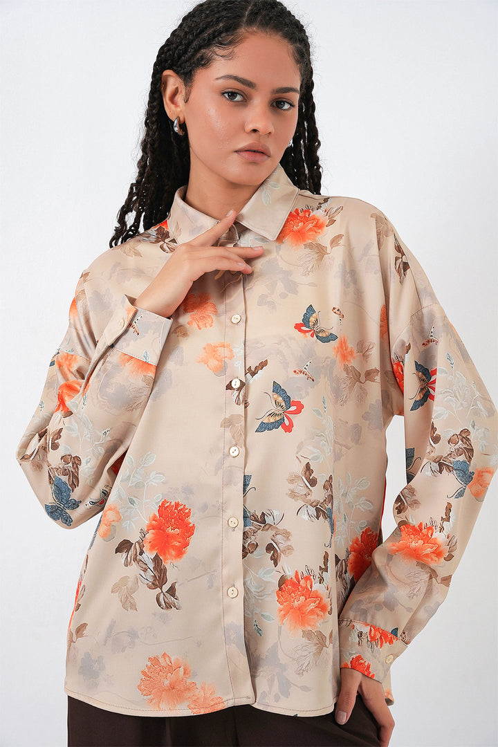 BGD Women Women's Oversized Patterned Satin Shirt 20365 - Camel - Etterbeek