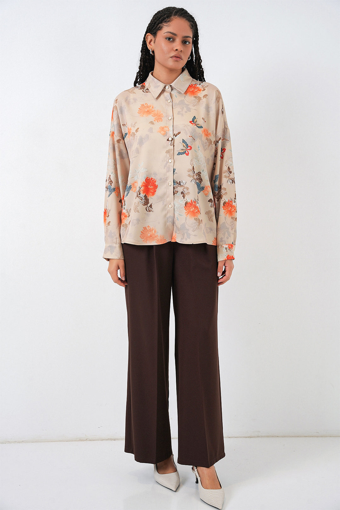 BGD Women Women's Oversized Patterned Satin Shirt 20365 - Camel - Etterbeek