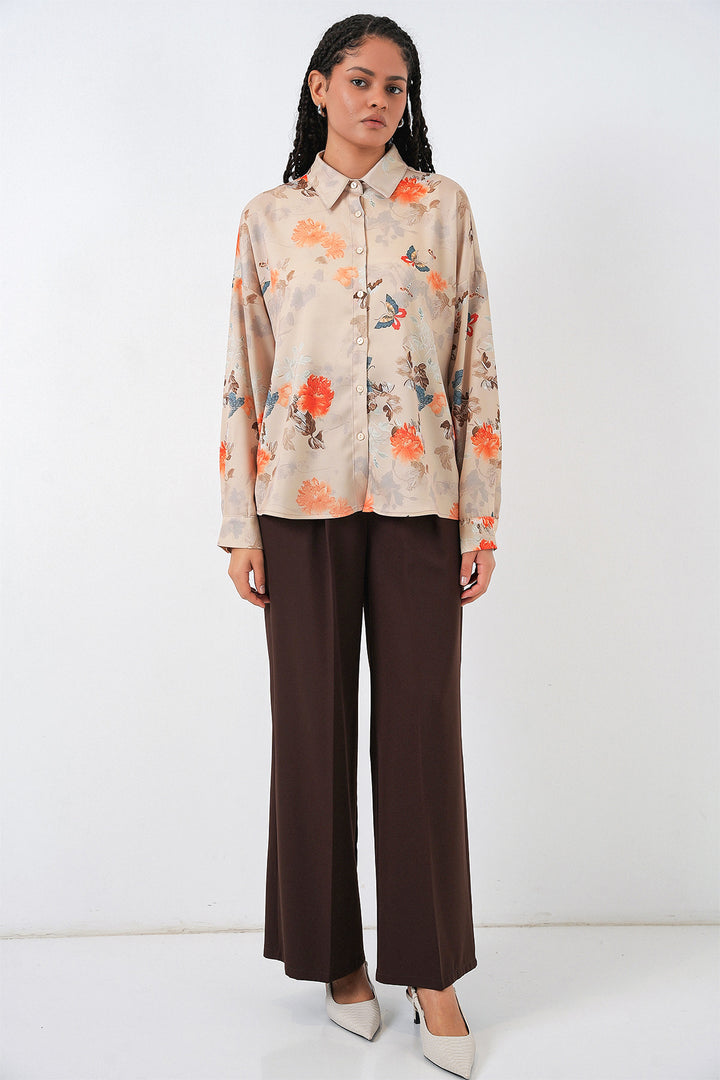 BGD Women Women's Oversized Patterned Satin Shirt 20365 - Camel - Etterbeek