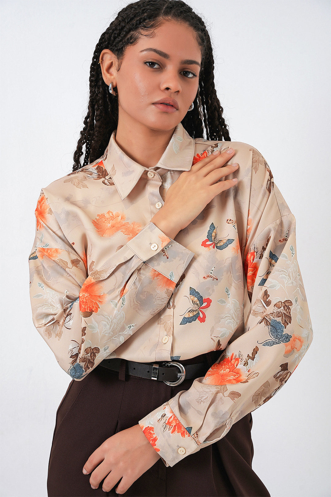 BGD Women Women's Oversized Patterned Satin Shirt 20365 - Camel - Etterbeek