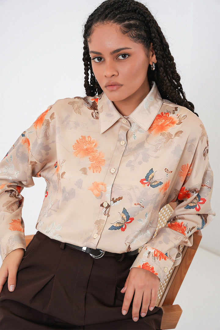 BGD Women Women's Oversized Patterned Satin Shirt 20365 - Camel - Etterbeek